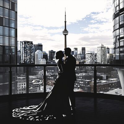 Silhouette of a couple in wedding attire standing on a balcony, with a city skyline and CN tower in the background.