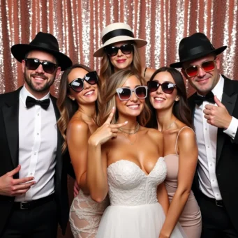 Wedding guests using a photo booth